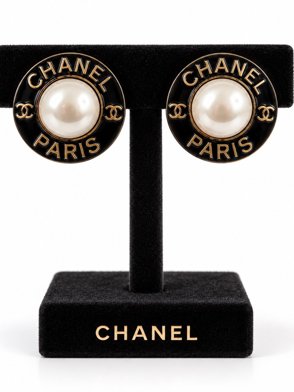 Chanel Black and Pearl button stud earrings